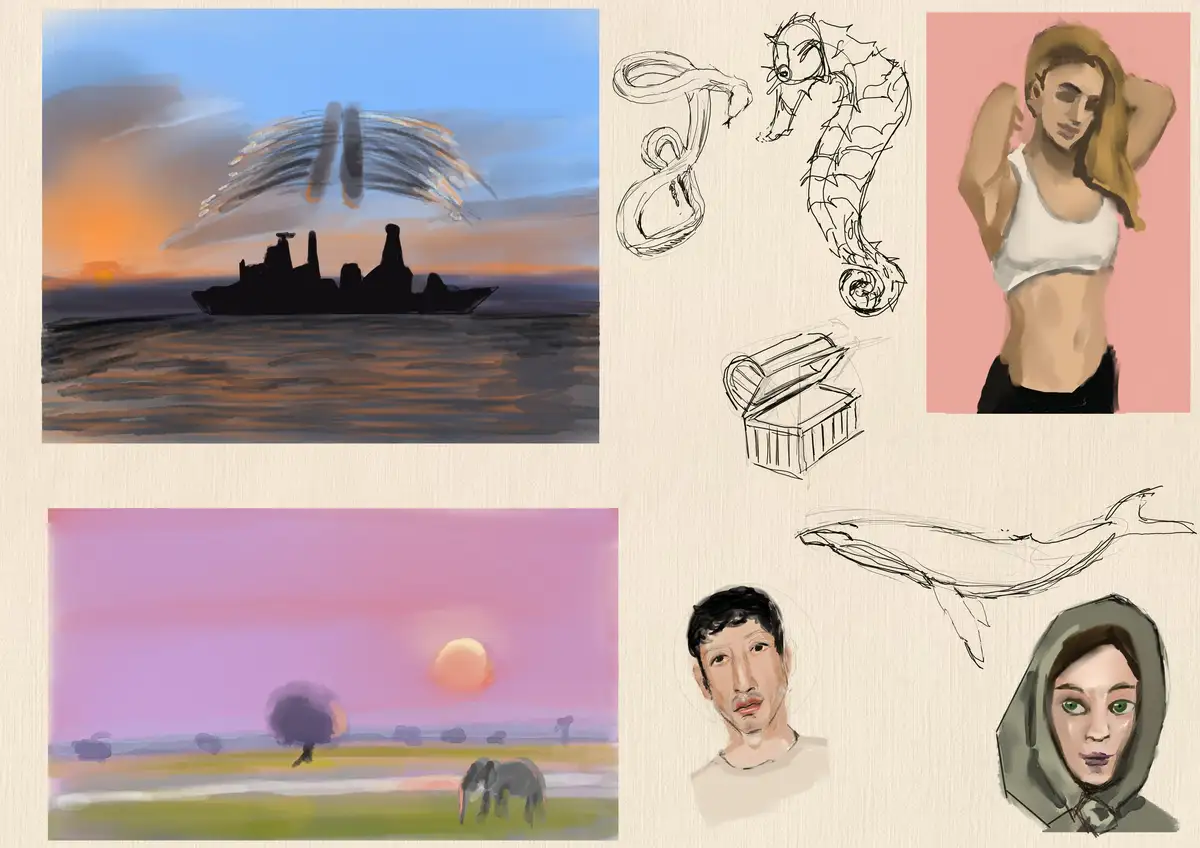 A collage of six digital illustrations: a ship at sunset with a large, stylized 'H' above it; a woman in a white crop top; a…