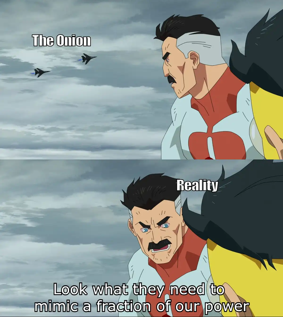 The image is split into two panels showing the same animated character, a man with a mustache and a red-and-white costume…