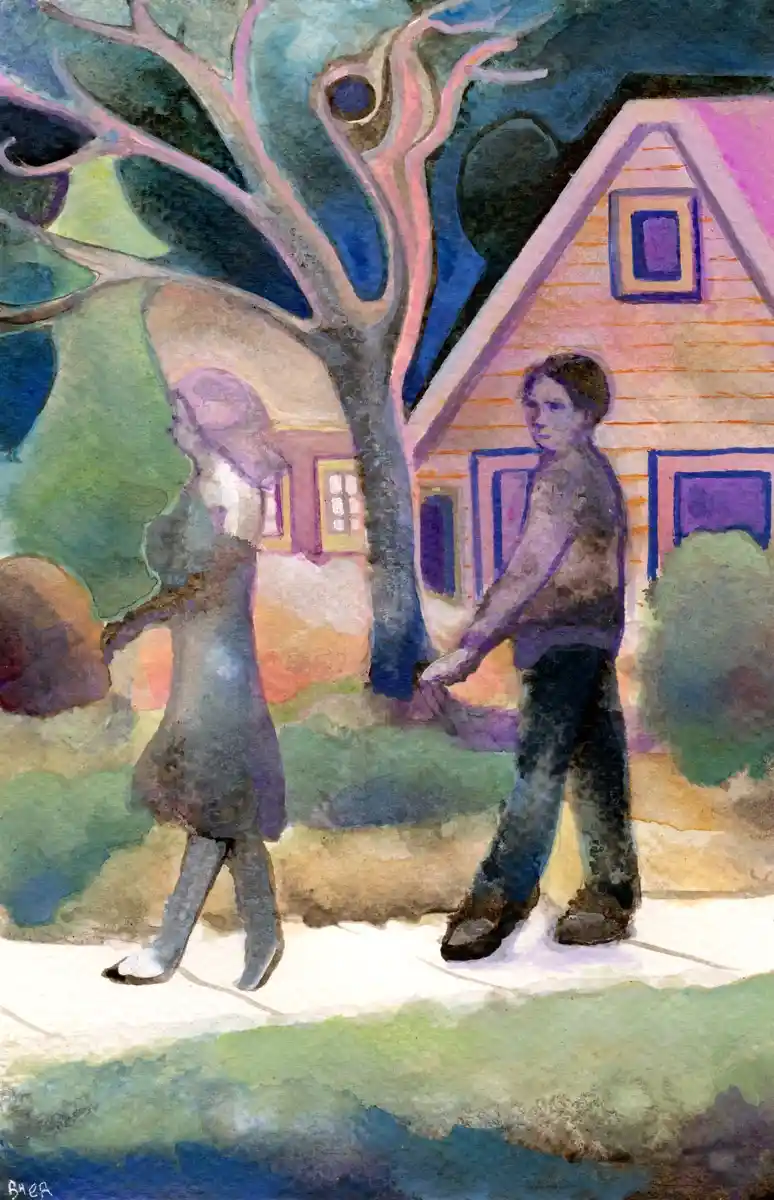 A watercolor painting depicts two children walking on a sidewalk in front of a house, holding hands. The boy looks toward…