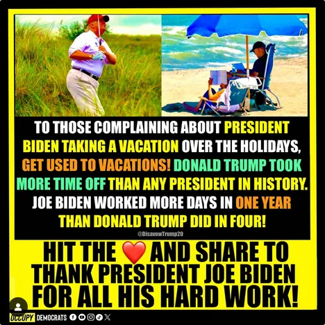 The image is a split-screen meme: left side shows Donald Trump golfing, right side shows Joe Biden relaxing on a beach under…