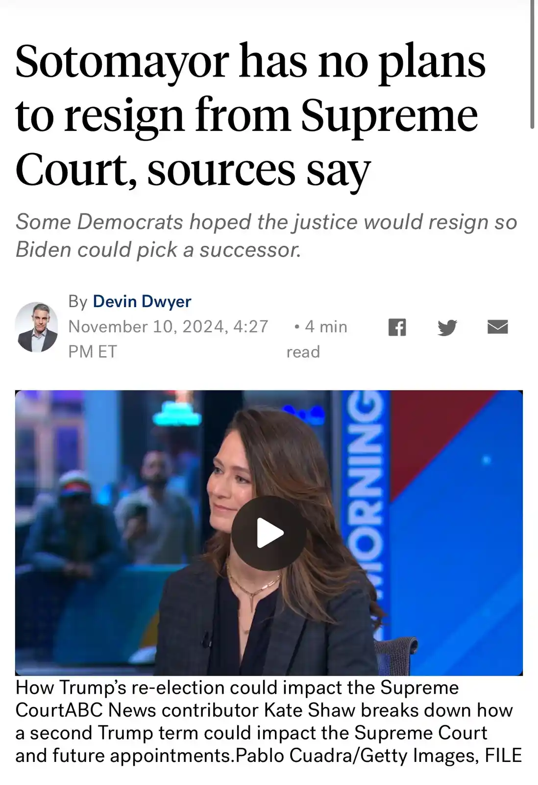 A screenshot of a news article with the headline 'Sotomayor has no plans to resign from Supreme Court, sources say' and a…