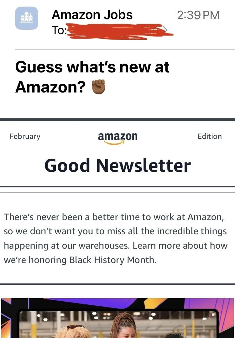 A screenshot of an Amazon Jobs email newsletter titled 'Good Newsletter' with the header 'Guess what's new at Amazon?'…