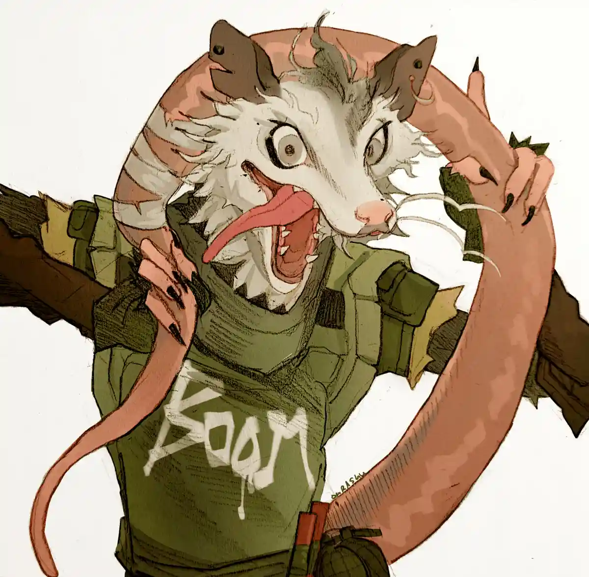 An anthropomorphic opossum in a green tactical vest with 'BOOM' written on it is screaming with its mouth wide open, showing…