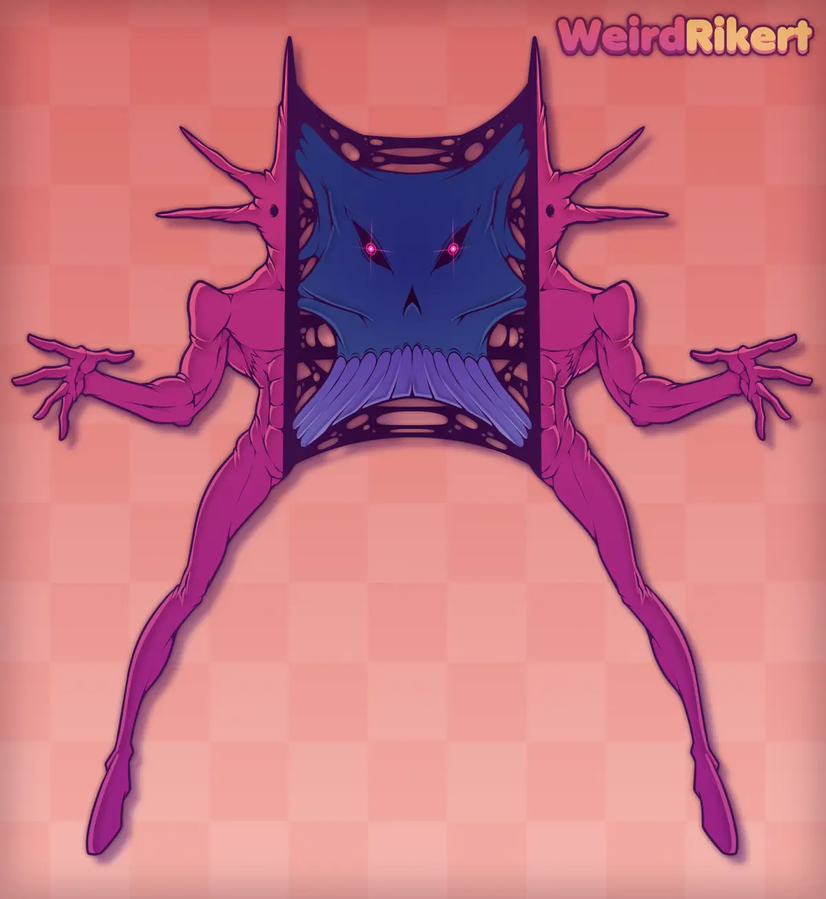 A stylized digital illustration shows a symmetrical, menacing creature with a blue, angular face featuring glowing pink eyes…