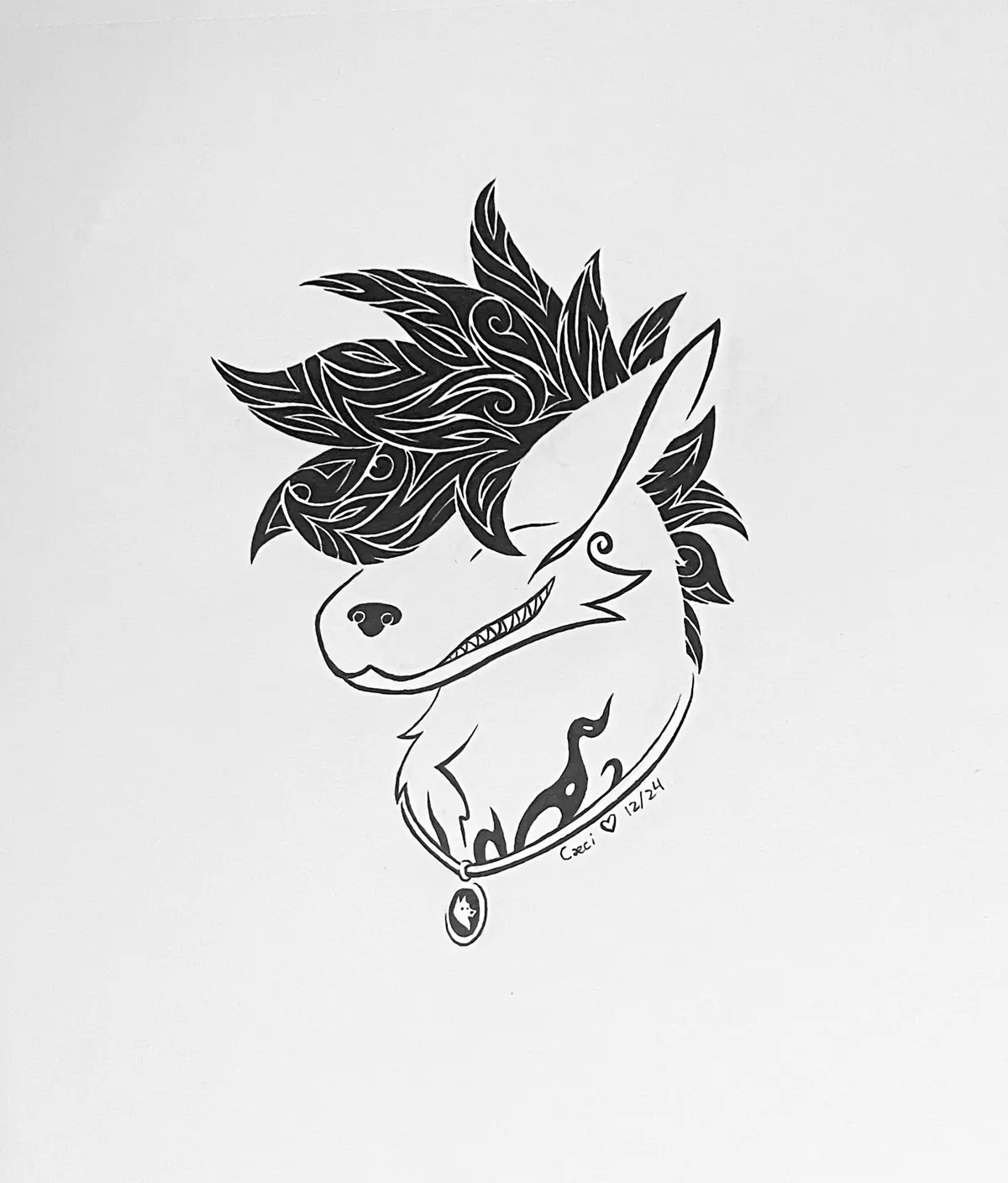 A black and white line drawing shows the head of a stylized wolf or dog with intricate, swirling tribal patterns forming its…