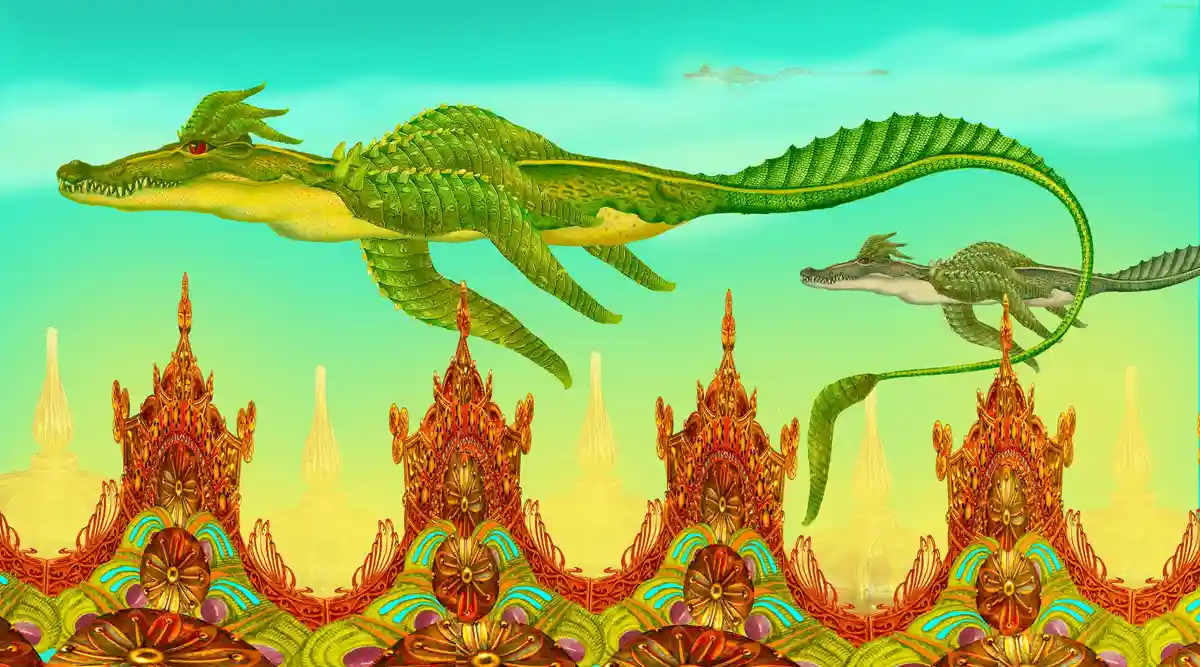 A surreal illustration shows large, green, crocodile-like creatures with spiky backs and red eyes flying over a repeating…