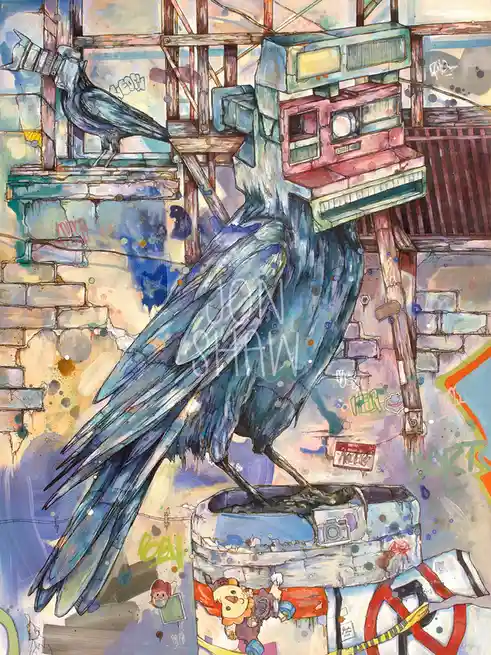 A large, stylized blue bird with a vintage Polaroid camera for a head stands atop a graffiti-covered, broken concrete…