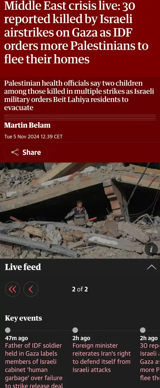 A screenshot of a news article with a red header and a photo of a young boy standing amidst rubble from a destroyed…