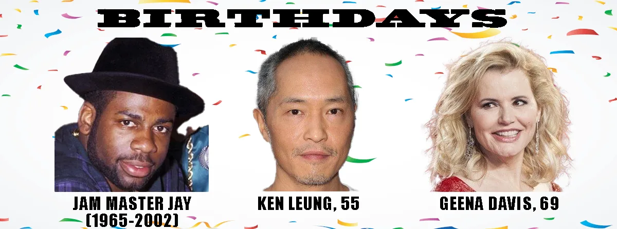 A celebratory birthday banner with confetti background featuring three headshots: Jam Master Jay (1965-2002), Ken Leung…