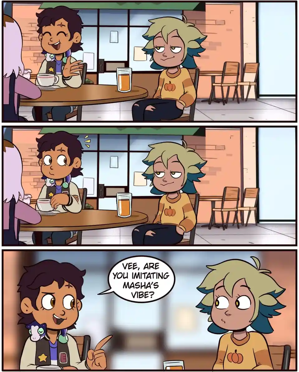 Three-panel comic strip from 'Star vs. the Forces of Evil' showing two characters at a cafe. In the first panel, one…