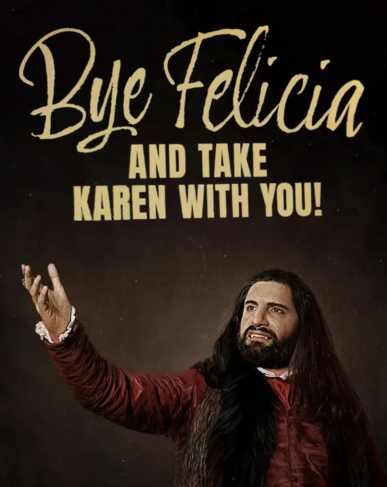 A man with long dark hair and a beard, wearing a red velvet jacket with white ruffled cuffs, raises his right hand in a…