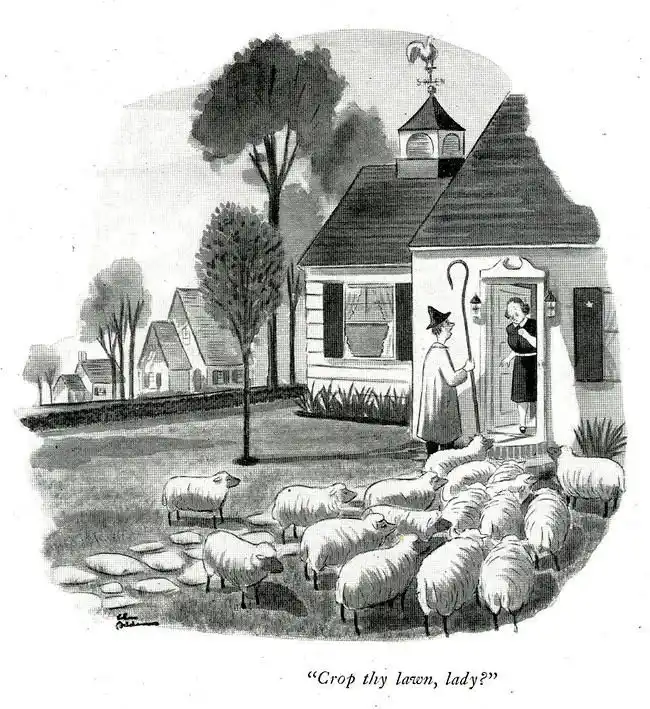 A vintage black-and-white illustration shows a shepherd in a pointed hat and cloak holding a crooked staff, standing before…