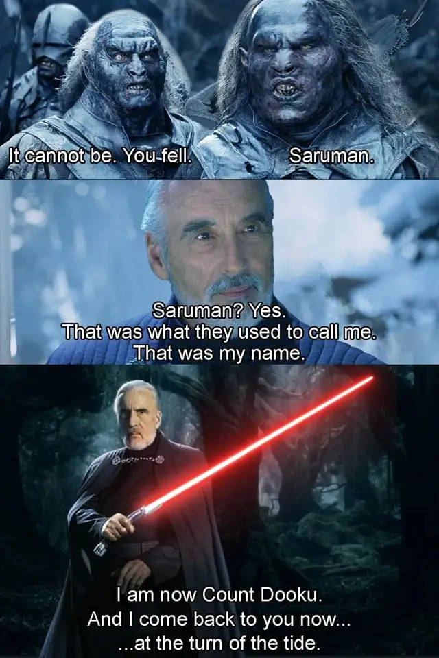The meme combines three panels: top shows two orcs from 'The Lord of the Rings' saying 'It cannot be. You fell.' and…