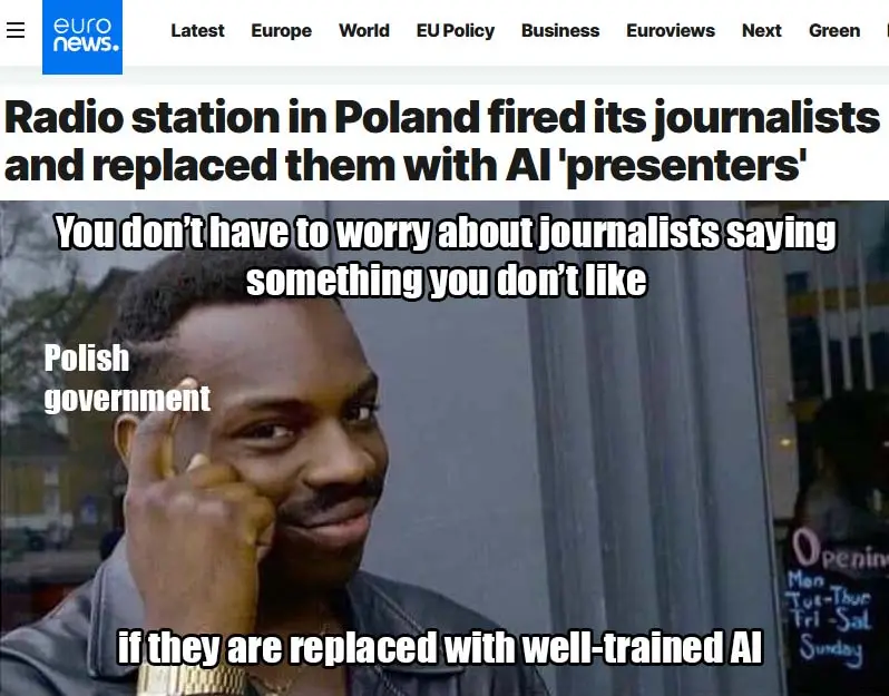 A screenshot of a Euro News article headline about a Polish radio station replacing journalists with AI presenters. Overlaid…
