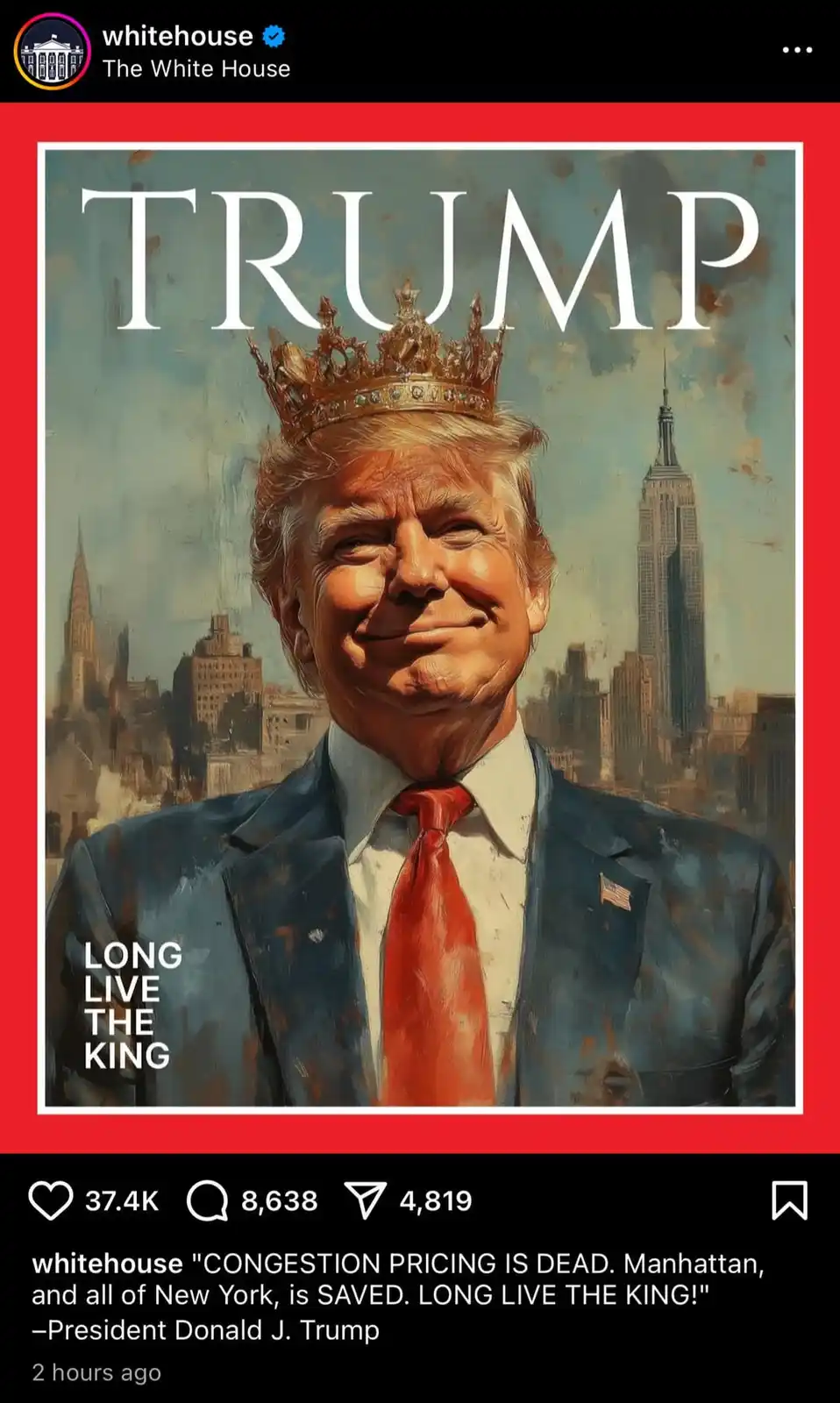An illustrated portrait of Donald Trump wearing a golden crown, styled like a magazine cover with the word 'TRUMP' in large…