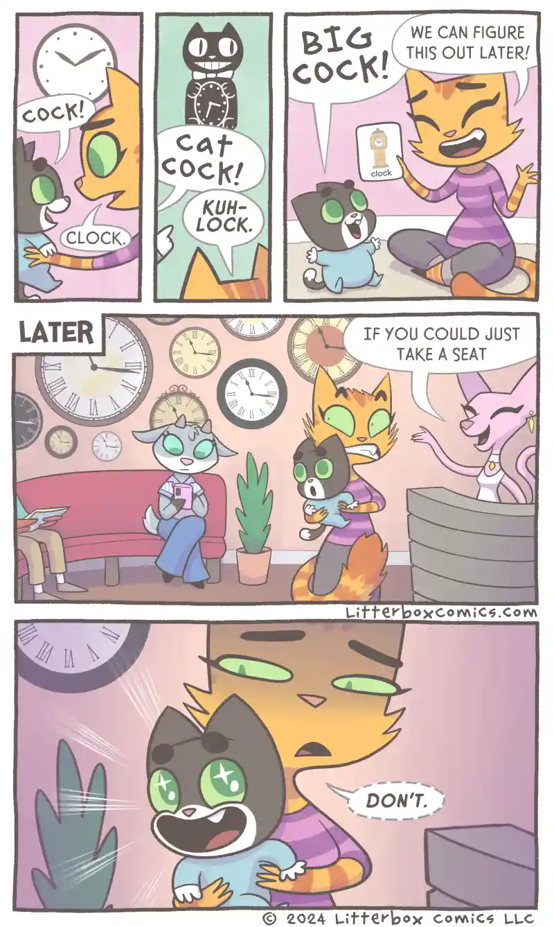 A comic strip featuring cartoon cats playing with a clock, mispronouncing 'clock' as 'cock' and 'cat cock', leading to a…