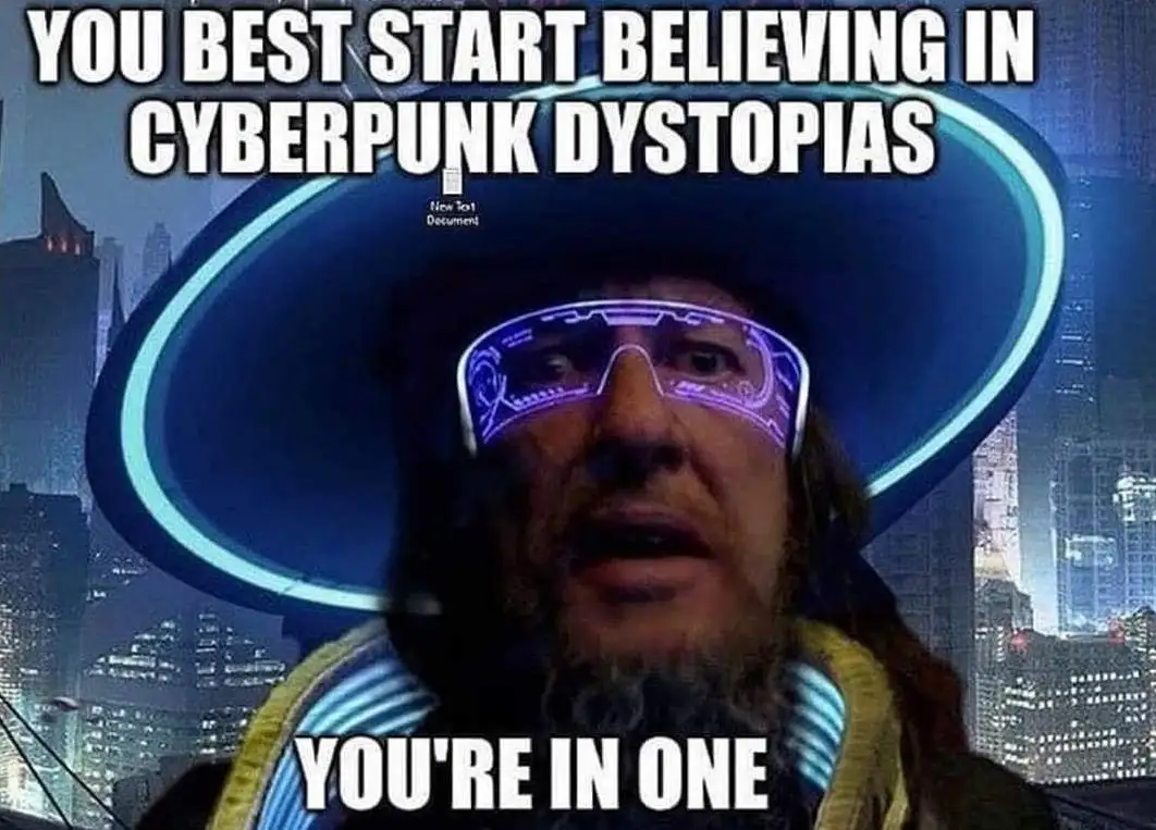 A man with a long beard and futuristic glowing glasses wears a large blue hat against a cyberpunk city skyline. The text…