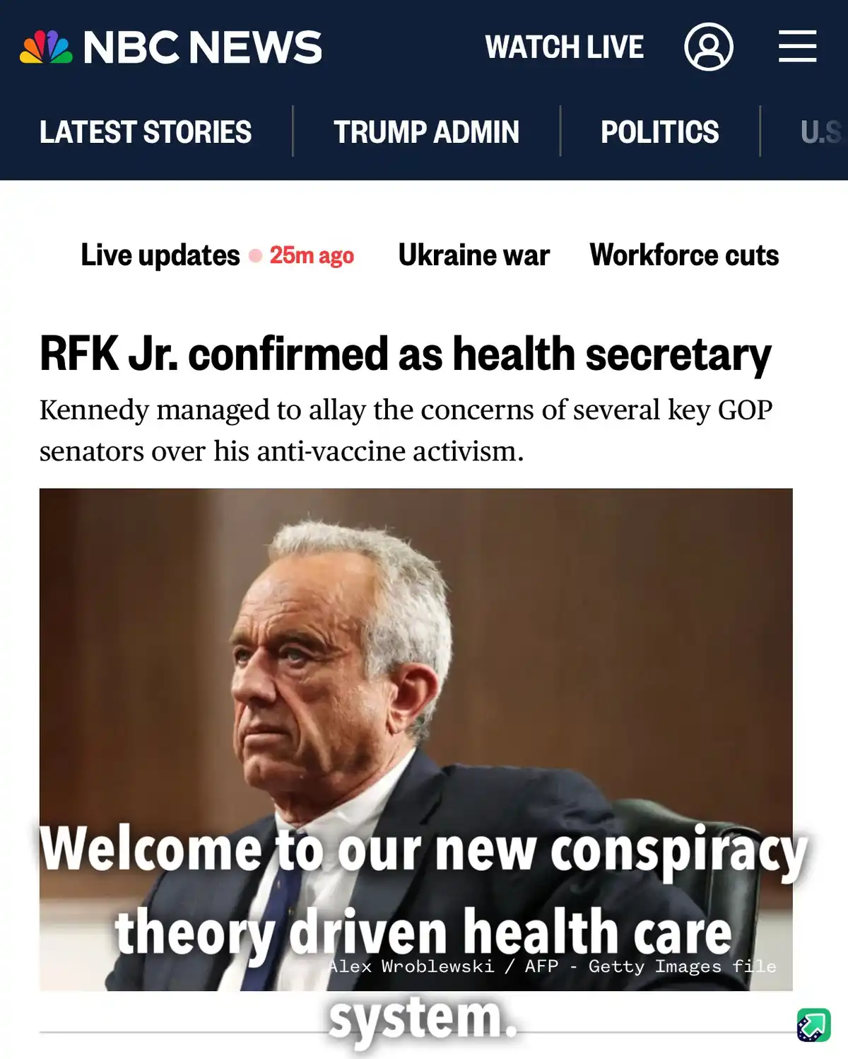 A screenshot of an NBC News article headline about RFK Jr. being confirmed as health secretary, overlaid with large white…