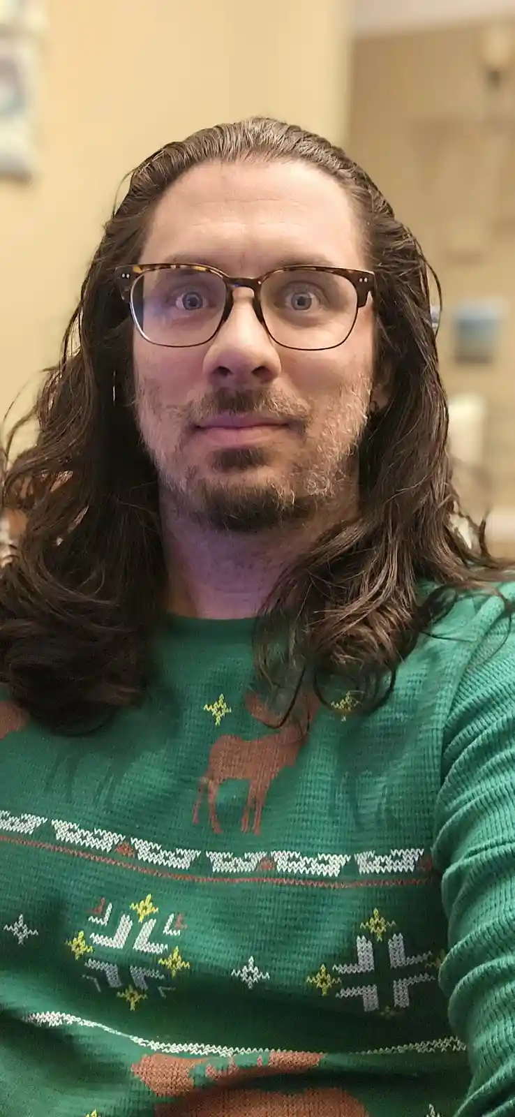A man with long brown hair, glasses, and a goatee stares with wide eyes at the camera while wearing a green holiday sweater…
