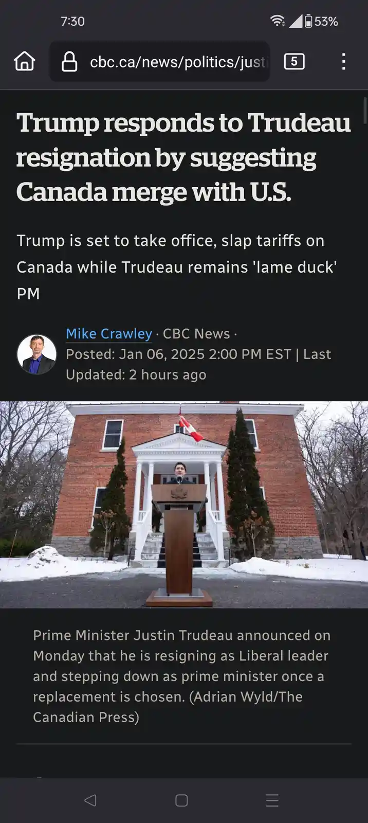 A screenshot of a CBC News article headline reading 'Trump responds to Trudeau resignation by suggesting Canada merge with…