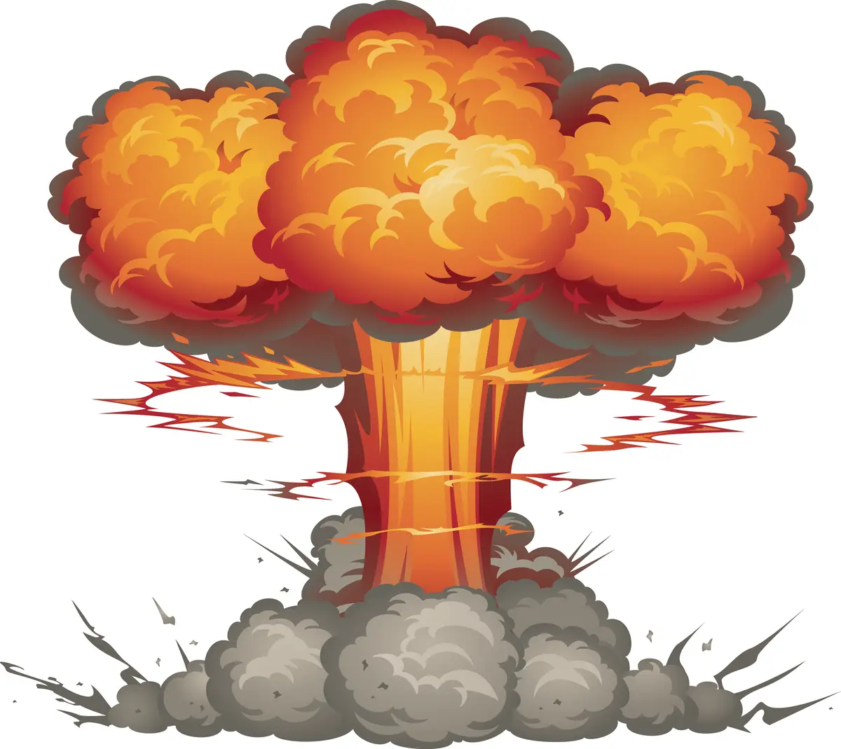 A cartoon-style illustration of a massive nuclear explosion, featuring a fiery orange and red mushroom cloud rising from a…