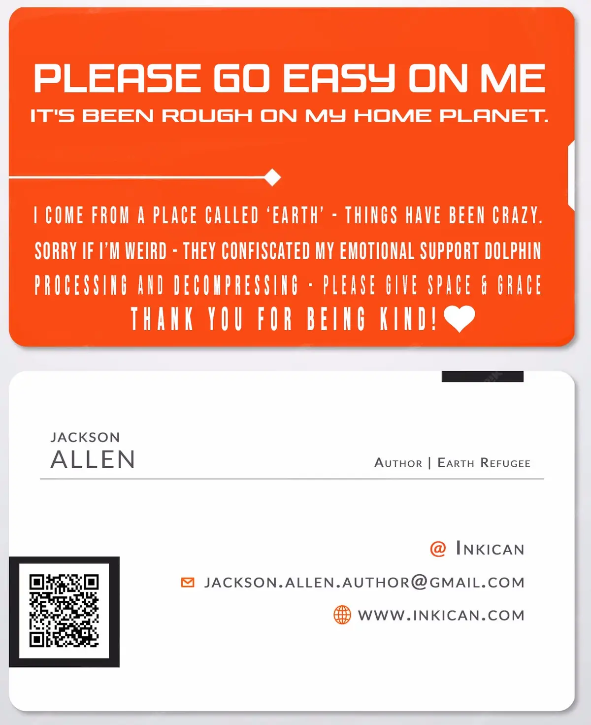 An orange and white business card template with overlaid text humorously explaining that the cardholder is an 'Earth…