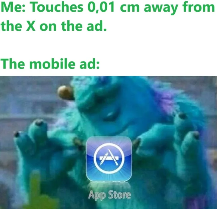 The image shows a blurry, blue, furry monster with its hands raised, seemingly in frustration or confusion. Overlaid on the…