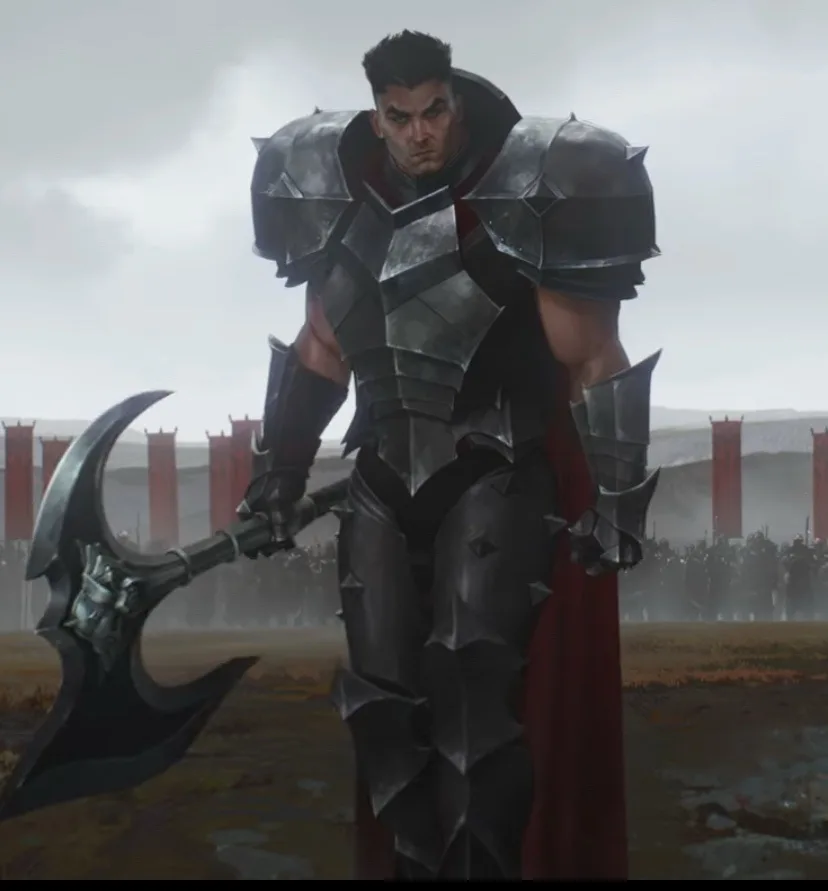 A heavily armored, muscular warrior with a stern expression stands in a muddy field holding a large, ornate battle axe. He…