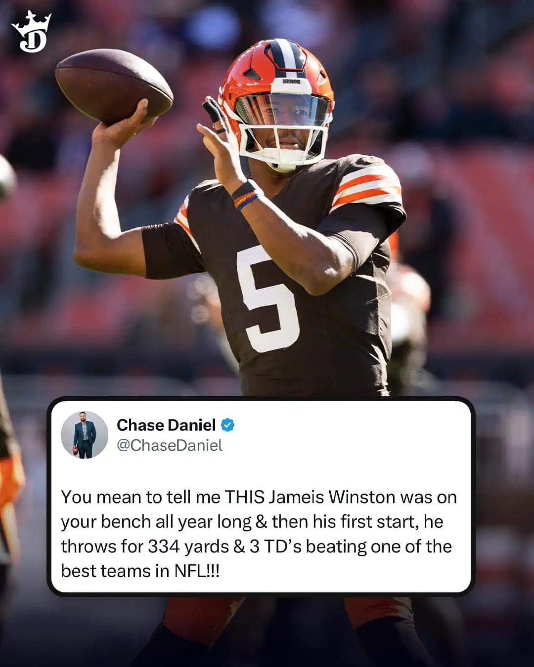 A photograph of NFL quarterback Jameis Winston in a Cleveland Browns uniform, number 5, holding a football and preparing to…
