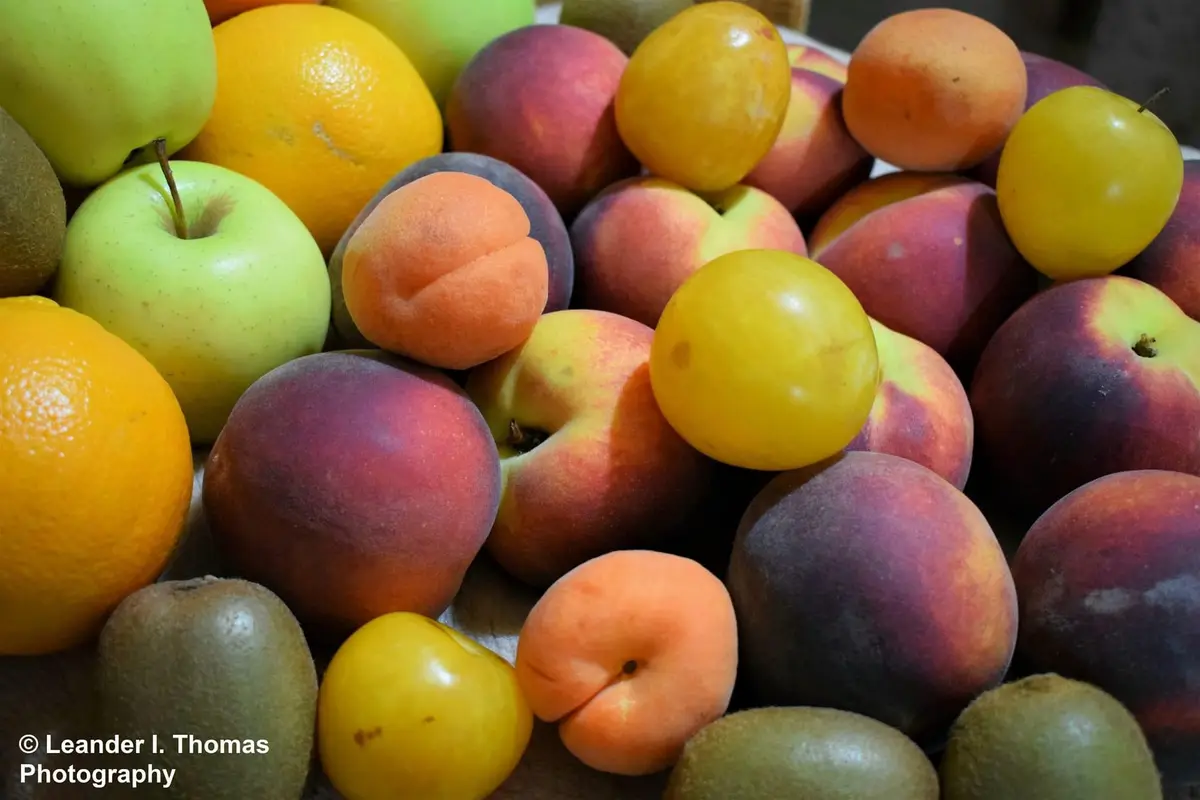 A close-up photo shows a colorful pile of various fruits including green apples, oranges, peaches, apricots, plums, and…