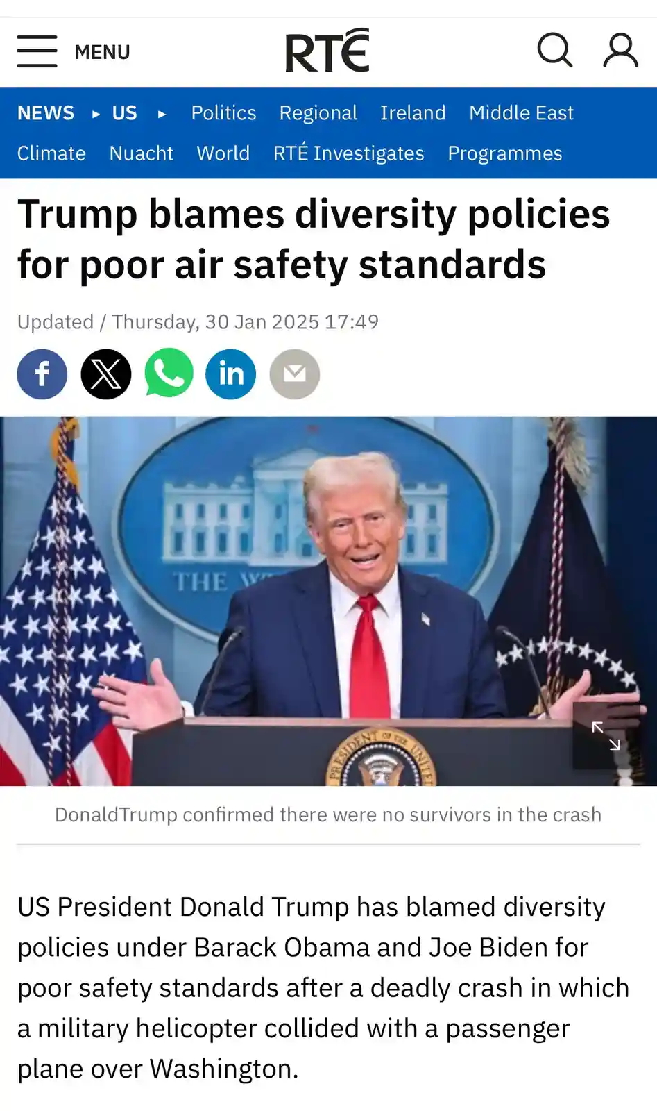 A screenshot of an RTE news article shows Donald Trump at a podium with American and presidential flags behind him, smiling…
