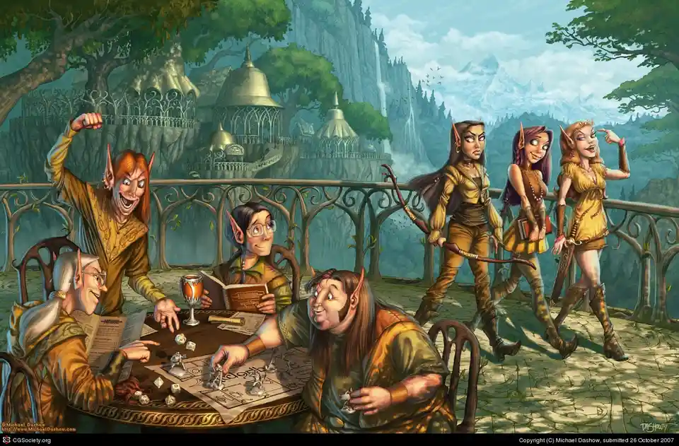A fantasy illustration shows four elves gathered around a table playing a tabletop roleplaying game with dice, miniatures…