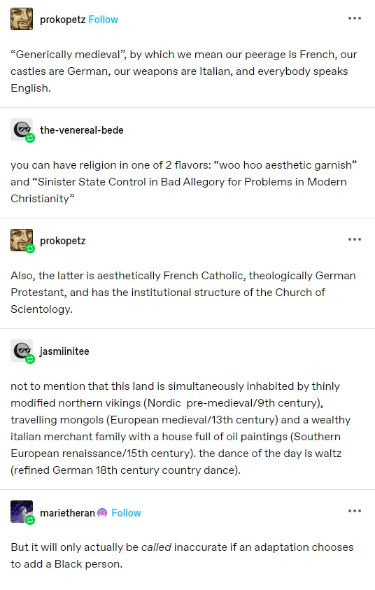 A screenshot of a Twitter thread where users humorously describe a 'generically medieval' setting by mixing European…