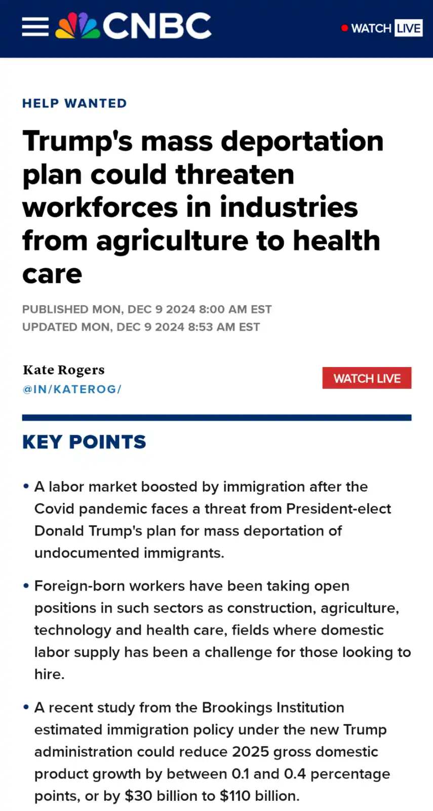 A screenshot of a CNBC news article titled 'Trump's mass deportation plan could threaten workforces in industries from…