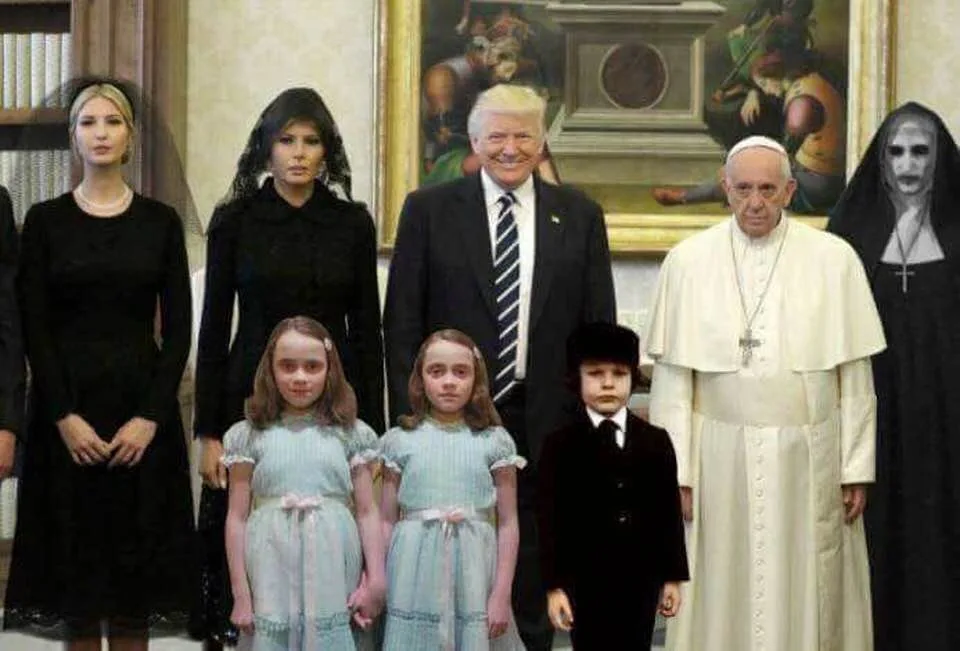 a digitally altered photo shows donald trump and his family posing formally with pope francis, but the nun on the far right…
