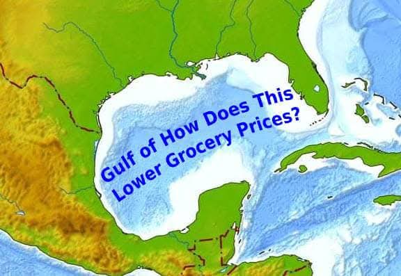 A map of the Gulf of Mexico with blue text overlaid that reads 'Gulf of How Does This Lower Grocery Prices?' The text…