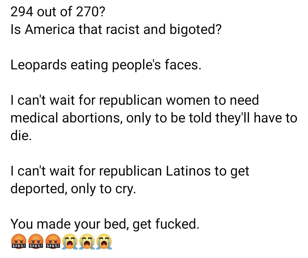 The image is a plain white background with black text listing a series of sarcastic and exaggerated political complaints…
