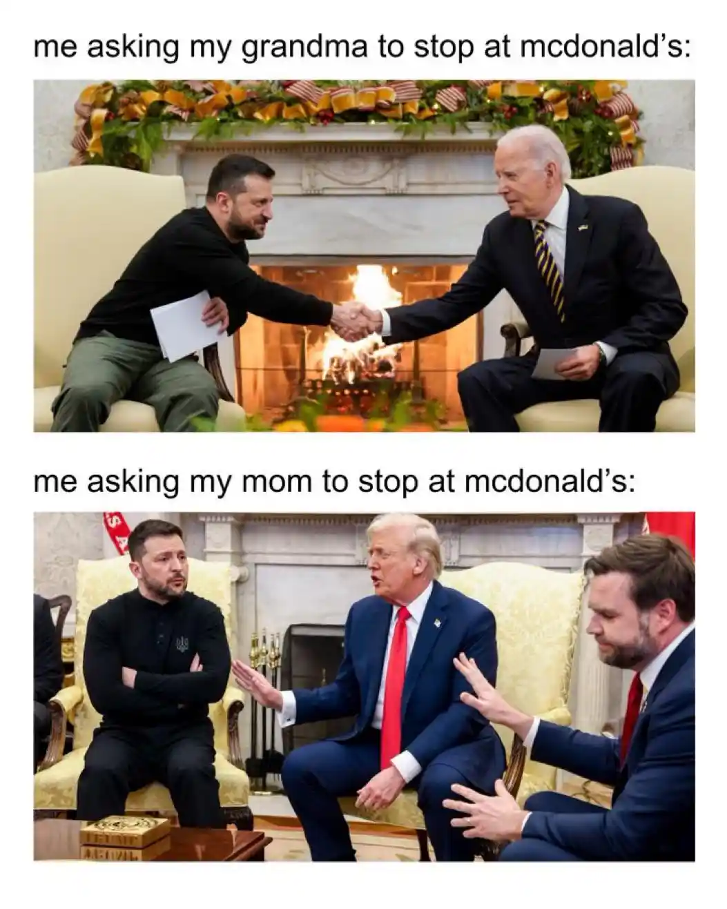 The top panel shows two men shaking hands in front of a fireplace, with text reading 'me asking my grandma to stop at…