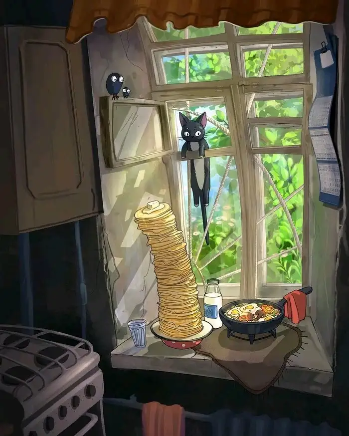 An anime-style illustration shows a black cat with white markings perched on a windowsill, looking inside a kitchen where a…