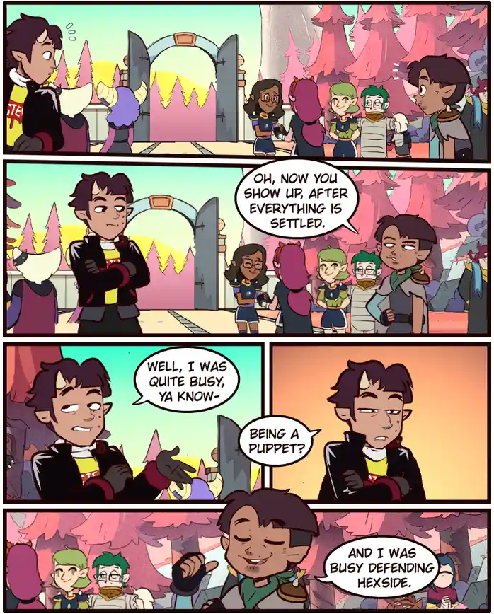 A four-panel comic strip from 'The Owl House' shows a character arriving late to a group. The group says 'Oh, now you show…