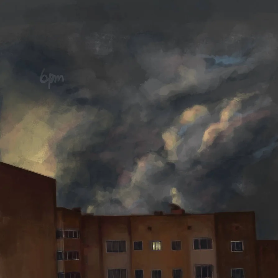 A moody, painterly image shows a dark, cloudy sky over a row of brown apartment buildings, with a few windows lit from…