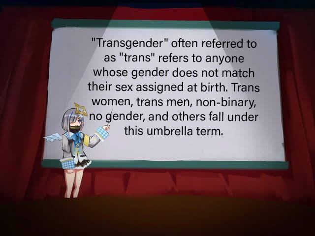 An anime-style character stands on a stage in front of a projector screen displaying a definition of 'transgender' that…