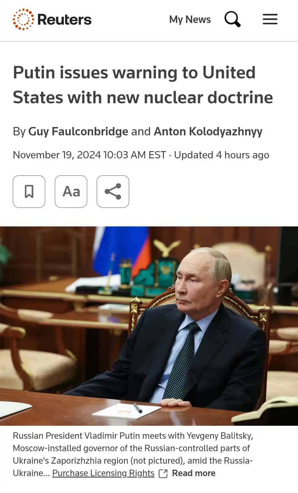 A screenshot of a Reuters news article dated November 19, 2024, featuring a photo of Russian President Vladimir Putin seated…