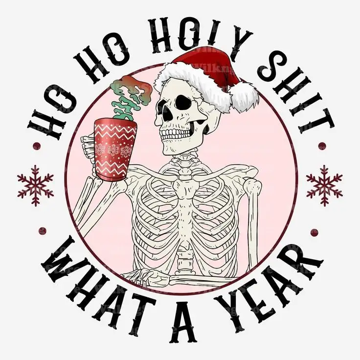 A skeleton wearing a red and white Santa hat holds a steaming red mug with snowflake patterns. The skeleton is centered…