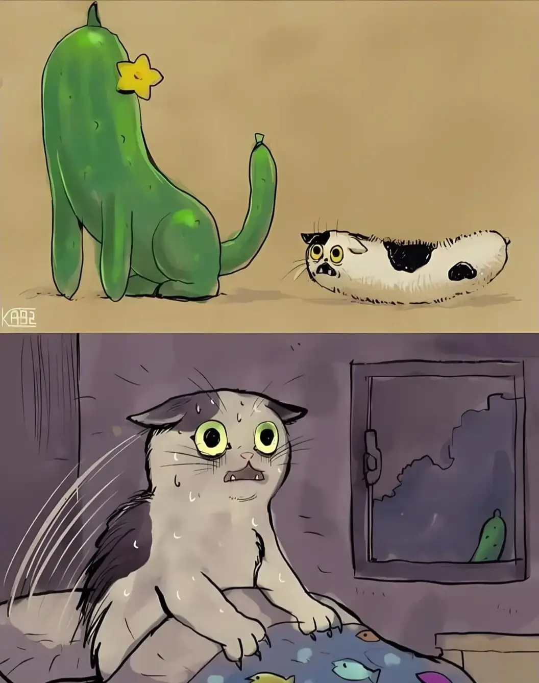 The top panel shows a cartoon cat looking terrified at a large, green cucumber with a yellow flower on its back, which is…