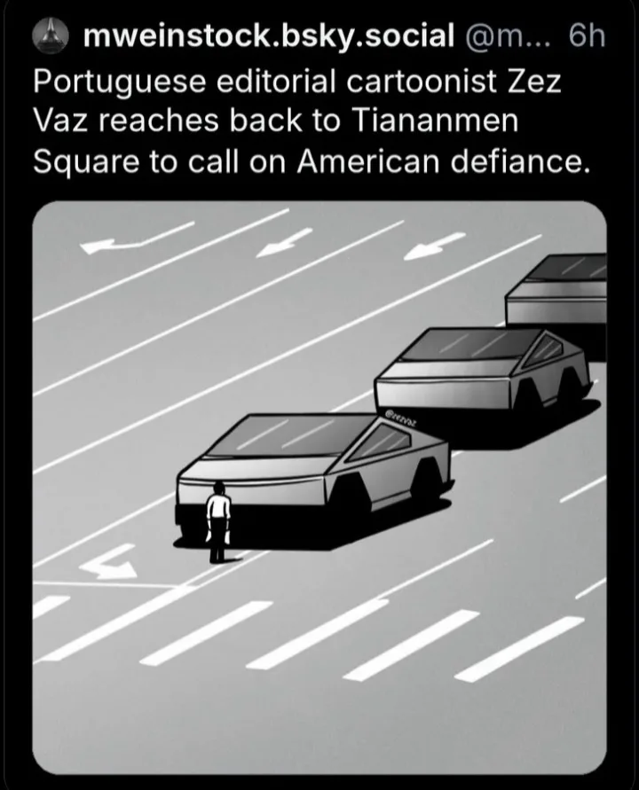 A black-and-white cartoon depicts a lone pedestrian standing in the middle of a multi-lane road, facing a line of three…