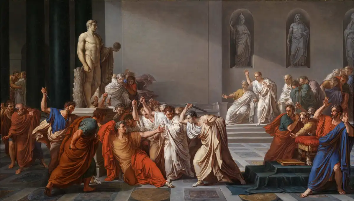a classical painting depicts the dramatic assassination of julius caesar in a roman senate chamber, with senators…