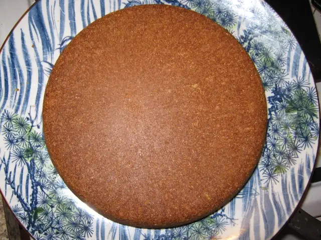 A round, flat, brown baked good sits on a decorative blue and white patterned plate. The overlaid text reads 'this is not a…