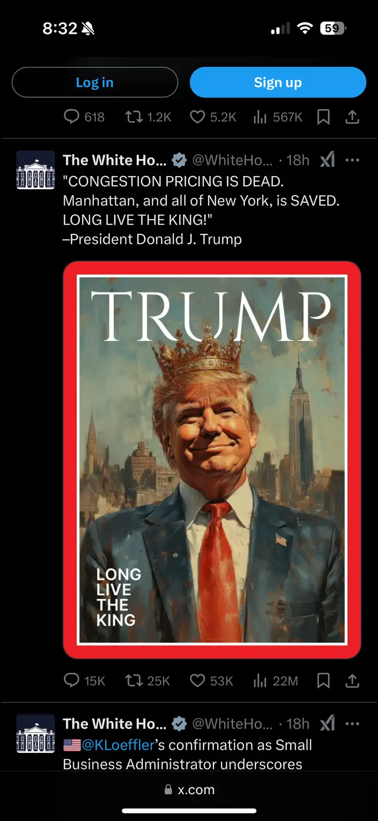An image of Donald Trump wearing a crown and a suit with a red tie, set against a New York City skyline, overlaid with the…