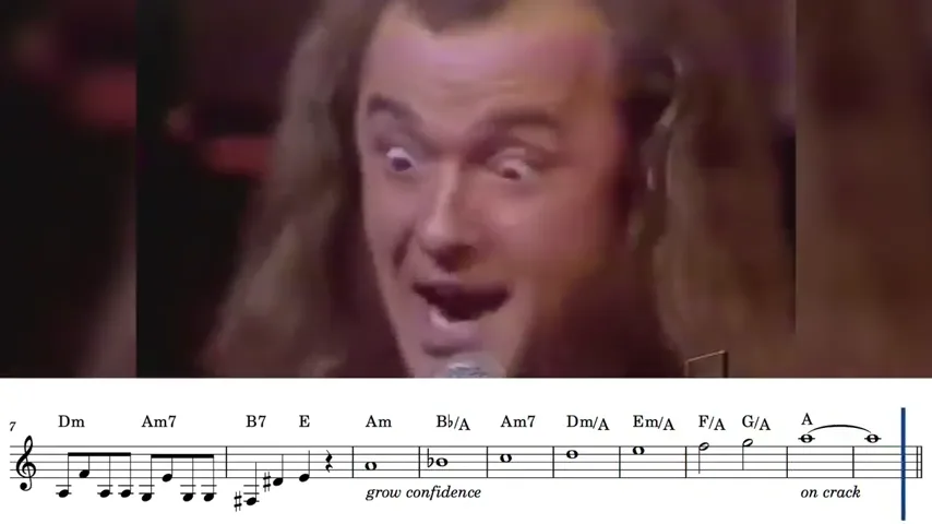 A close-up of a man with long hair and intense eyes, singing into a microphone, with sheet music below showing chords and…
